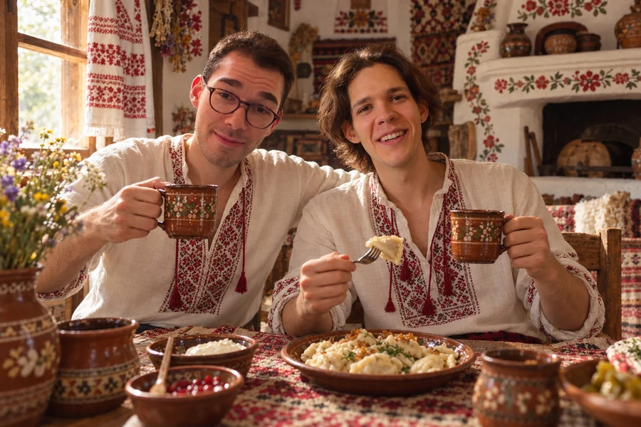 Андрей и Тимур пьют чай за столом в хате